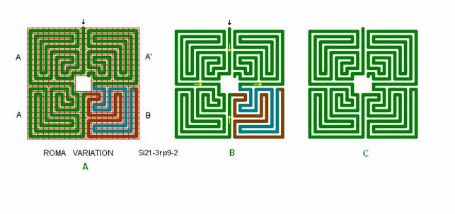 Tegning af Roma-Piadena labyrint ændret til AABA' form