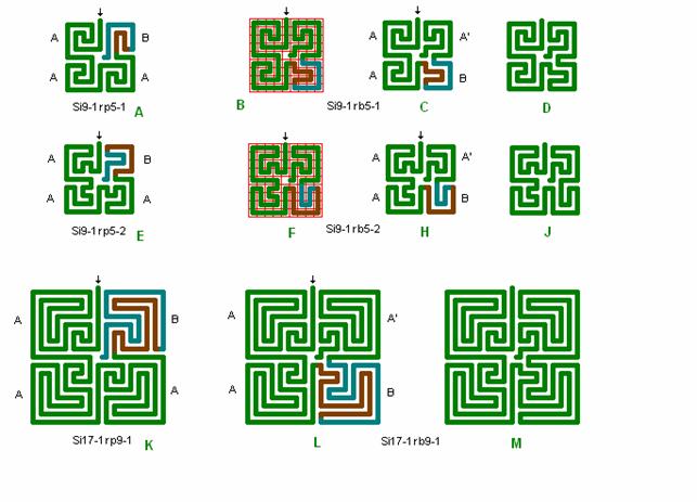 Tegning af 2 stk 9 kvadrat og 1 stk. 17 kvadrat labyrint ændret til AABA' form